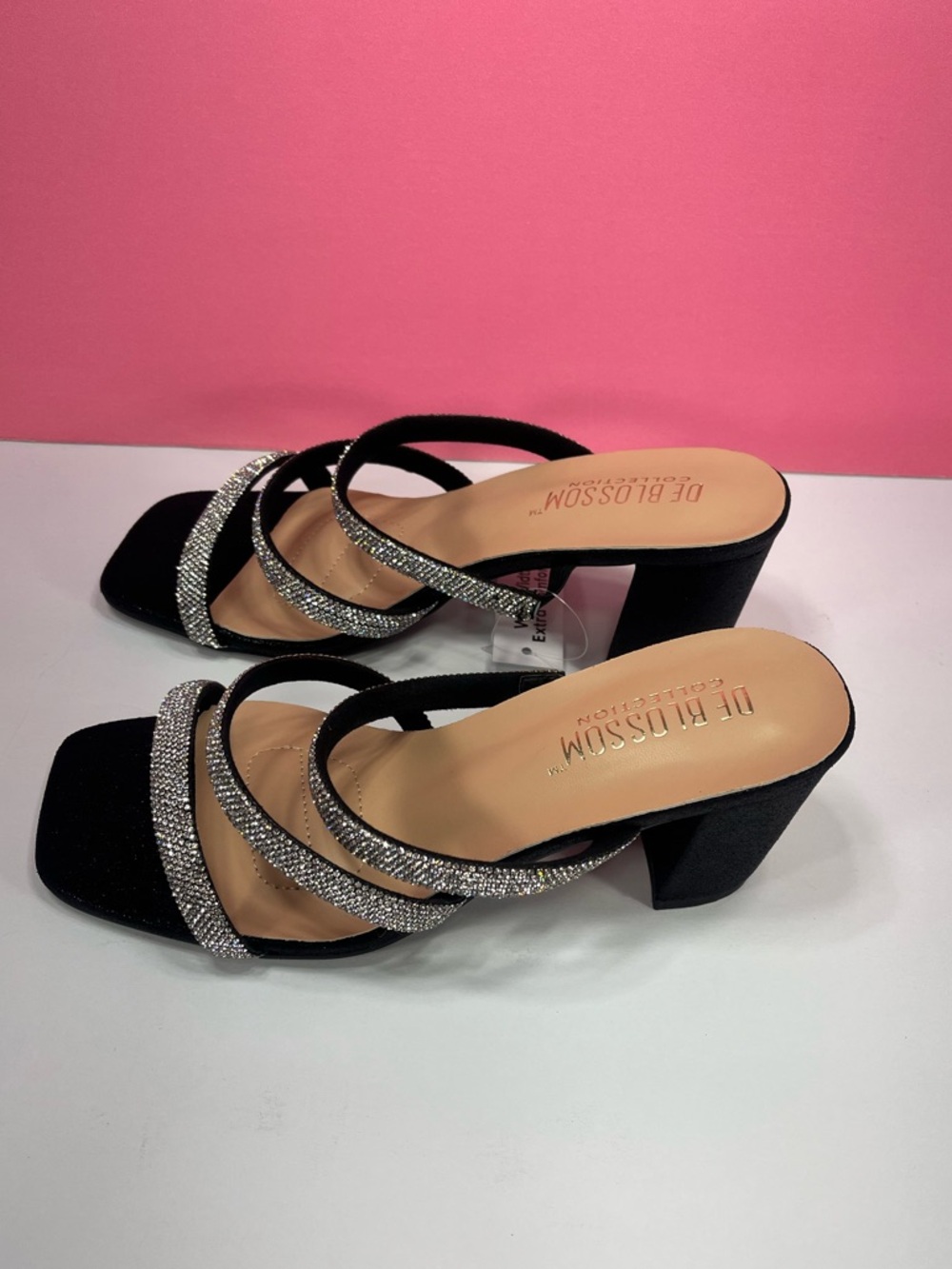 Black Rhinestone Strappy Block Heel Sandals size 7 Wide width fit extra comfort - Picture 3 of 7
